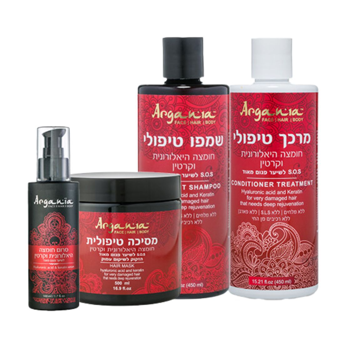 ערכה לשיער מכילה חומצה היאלורונית וקרטין שמפו, מרכך, מסכה וסרום לשיער פגום מאוד ארגניה ARGANIA ערכה לשיער מכילה חומצה היאלורונית וקרטין שמפו, מרכך, מסכה וסרום לשיער פגום מאוד ארגניה ARGANIA