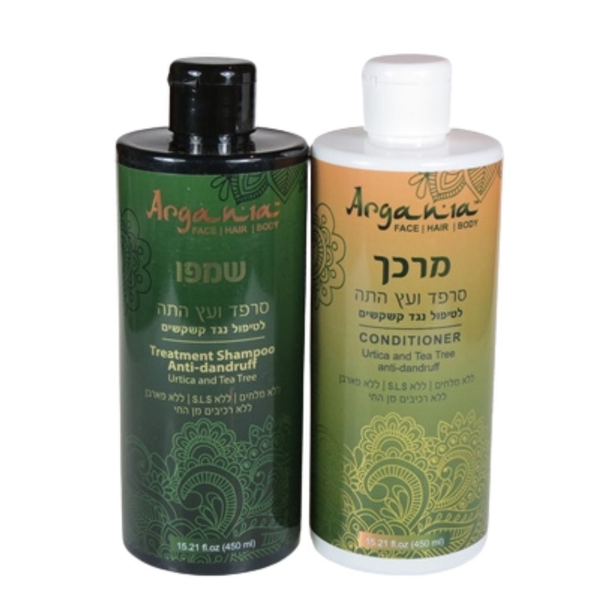 שמפו + מרכך סרפד ועץ התה לטיפול נגד קשקשים ARGANIA ארגניה 450 מ"ל שמפו + מרכך סרפד ועץ התה לטיפול נגד קשקשים ARGANIA ארגניה 450 מ"ל