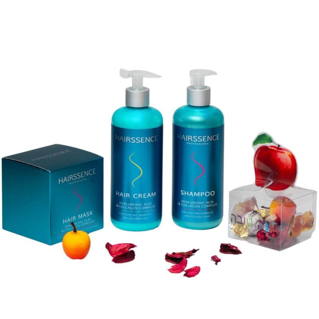 מארז חגיגי HAIRSSENCE חומצה היאלורונית וקולגן שמפו+ מסכה+ קרם לשיער יבש, פגום וצבוע היירסנס מארז חגיגי HAIRSSENCE חומצה היאלורונית וקולגן שמפו+ מסכה+ קרם לשיער יבש, פגום וצבוע היירסנס
