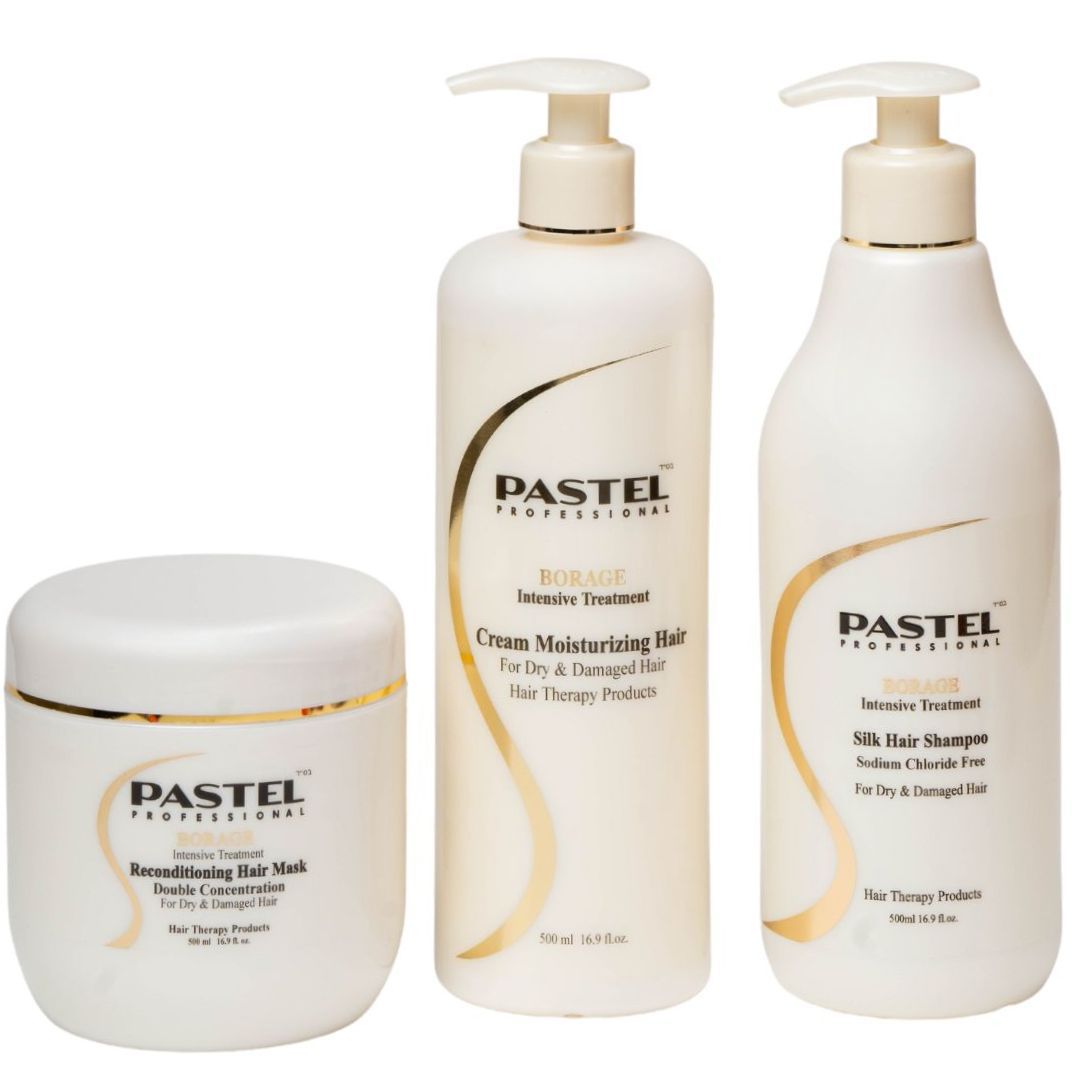 מארז טיפוח לשיער PASTEL BORAGE שמפו+ מסכה+ קרם לשיער יבש ופגום פסטל מארז טיפוח לשיער PASTEL BORAGE שמפו+ מסכה+ קרם לשיער יבש ופגום פסטל